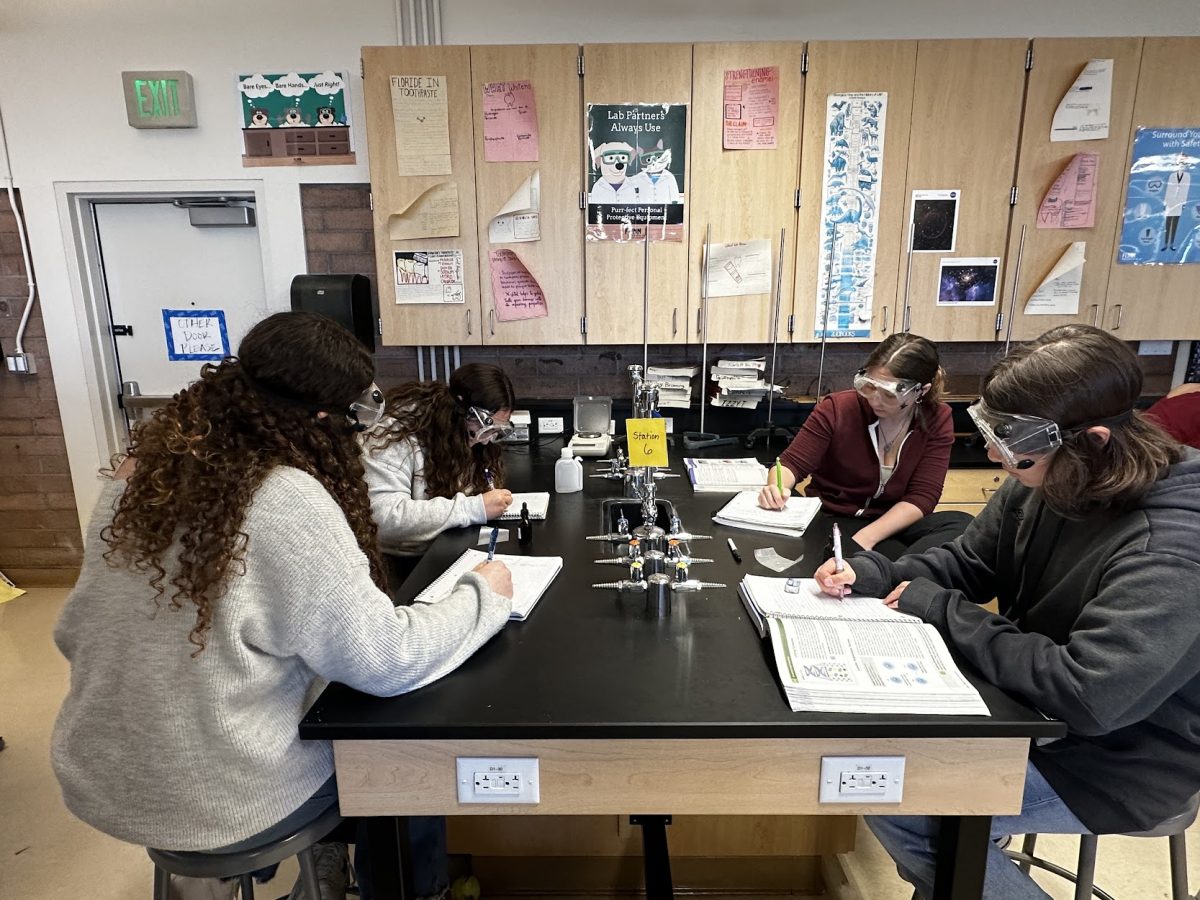 8th-period Chemistry students gathering data for their identifying properties of substances lab.