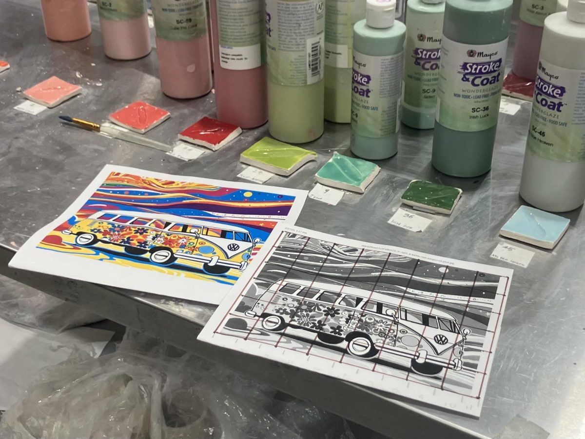 The mockups for the sixties mural and glaze swatches. 