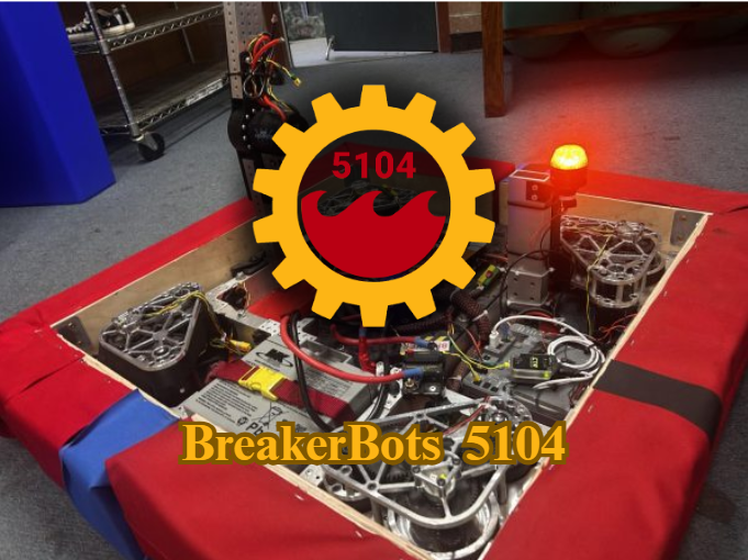BreakerBots Logo with our testing robot in the background, which is currently being used by the potential drivers of our future robot!