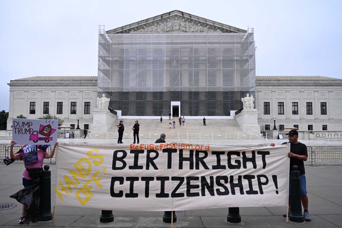 Demonstrators holds up an anti-Trump sign outside the US Supreme Court in Washington, DC, on June 27, 2025.
Photo Credit: Alex Wroblewski/AFP via Getty Image